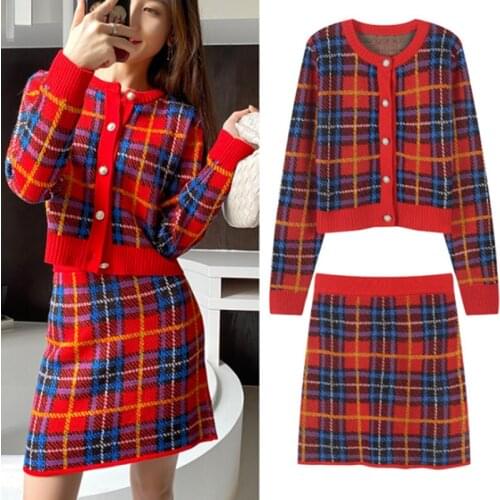 BLLOCUE New Fashion Korean Elegant Plaid Knit 2 Piece Set Single Breasted Long Sleeve O-Neck Tops+High Waist Bag Hip Skirt Suit