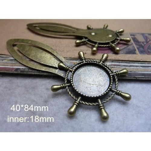12 Large Bookmark with 18mm Round Cabochon Base Setting Antique Bronze Rudder Bookmark 40*84mm DIY Christmas Gifts Materials