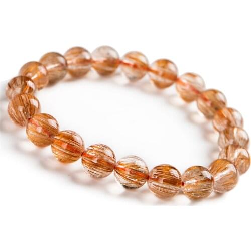 9.5mm Popular Natural Copper Hair Rutilated Quartz Crystal Round Beads Stretch Bracelets