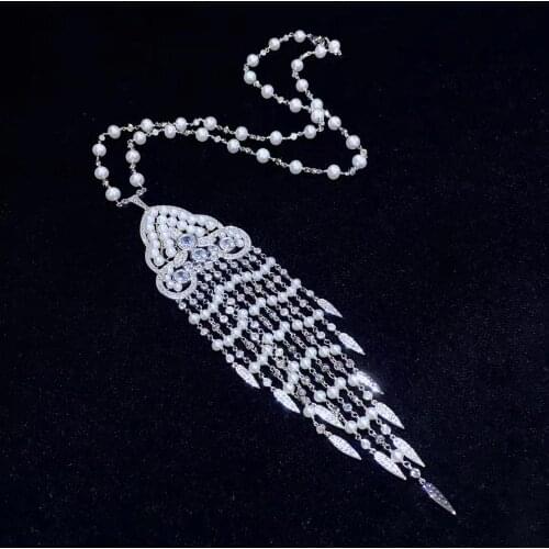 Natural fresh water pearl pendant necklace 21 inches small pearl 925 sterling silver with cubic zircon tassels fine jewelry