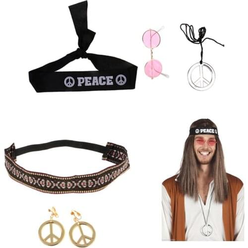 Hippy Peace Set Peace Symbol Headband Sunglass Earrings Necklace Hippieset Costume for Fancy Dress Costume Party Canival Props