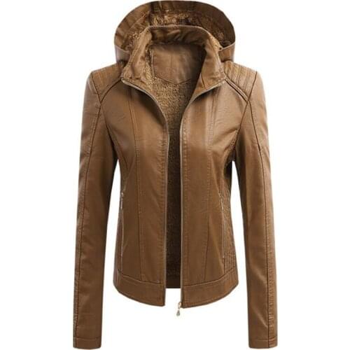 Faux Leather Jacket Women Warm Winter Fleece Hooded Coat Female Casual Hoodies Sexy Ladies PU Biker Jacket Slim Streetwear