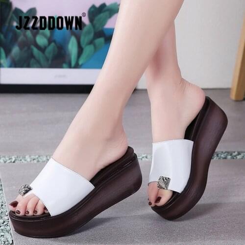 Genuine leather Summer women slippers Thick Soled woman shoes flip flops shoes Women Wedges Slippers black white slides sandals