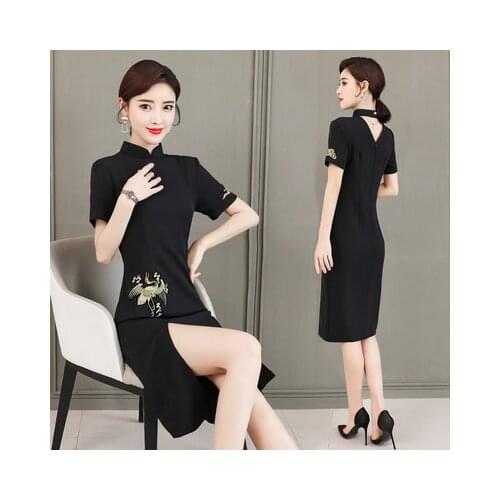 2021 Fashion Chinese Style Modified Cheongsam Female Dresses Split Black Retro Sexy Women Midi Dress Vestidos Elegantes Plus Siz