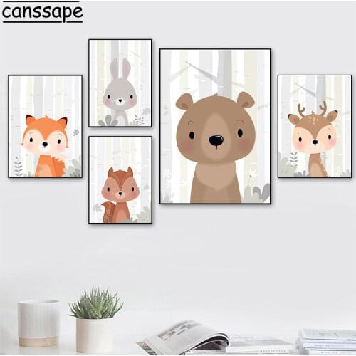 Woodland Animals Print Rabbit Bear Deer Wall Art Canvas Poster Jungle Painting Nursery Prints Wall Pictures Kids Baby Room Decor