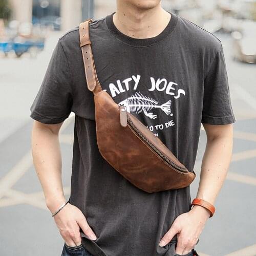 Retro fashion crazy horse leather backpack riding mens shoulder bag natural real cowhide waist bag shoulder small chest bag