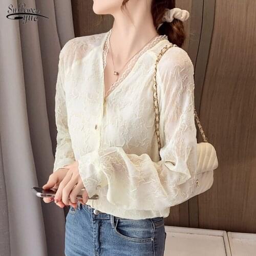 Autumn Solid Color Chic Lace Bottoming Shirt Elegant Retro Embossed V-neck Lantern Sleeve Long Sleeve Blouse Blusas Mujer 12194