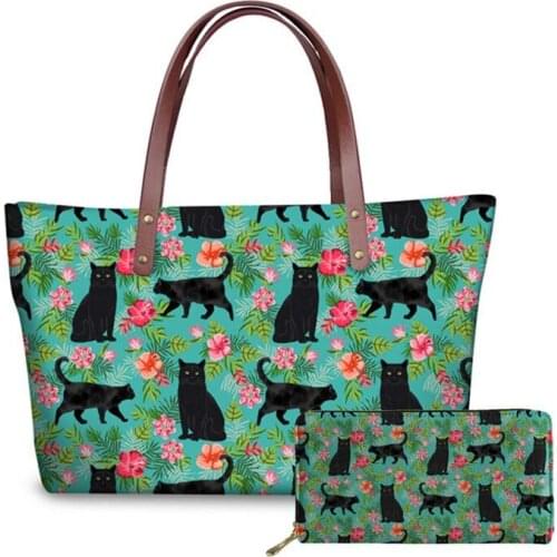 NOISYDESIGNS Black Cat Wine Printed Luxury Handbags Women Bags Designer Large Capacity Tote Girls Long Wallet Shoulder Casual