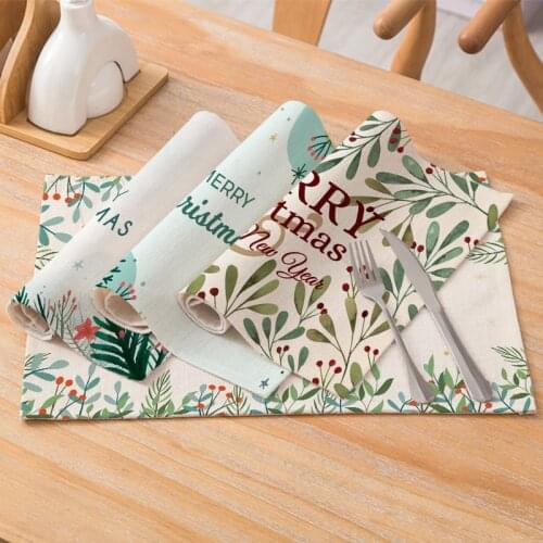 Christmas Decoration Placemat Green Plant Printing Series Cotton And Linen Waterproof Rectangular Placemat Heat Insulation Pad