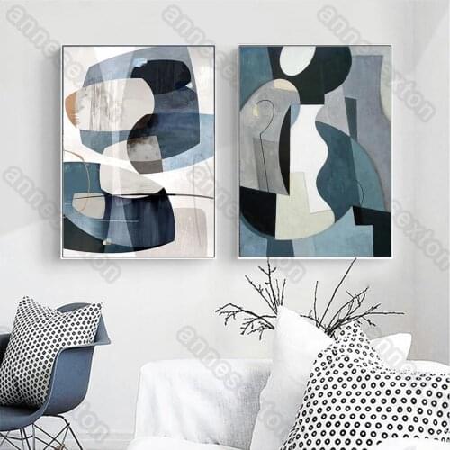 Modern Style Frameless Canvas Painting Poster Abstract White Blue Black and Gray Pictures for Living Room Bedroom Wall Decoratio