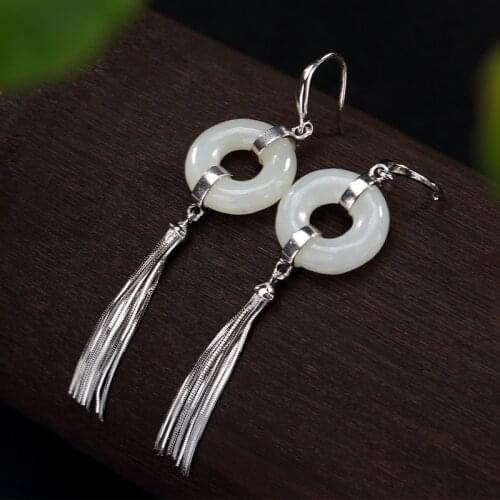 Ways Is Thai Silver Inlaid Hetian Jade White Jade Peace Buckle Tassel Female High-grade Eardrop Wholesale