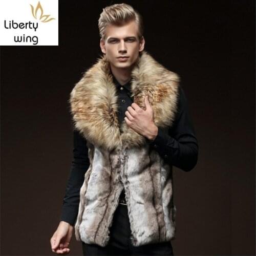 High Quality Mens Winter Faux Raccoon Collar Sleeveless Vest Slim Fit Warm Fur Thick Outwear Coats Male Waistcoat Vests