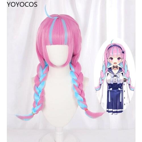 YOYOCOS Anime Hololive Minato Aqua Wig Mixed Blue Pink BraidsDouble tail Long hair Cute Girl Halloween Cosplay Wig+Free Wig Cap