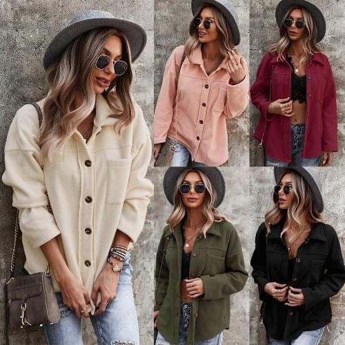 Autumn Women Jacket 2021 Full Sleeve Thick Fleece Light Weight Solid Color Single Breasted Warm Winter Casual Female Coats C3003