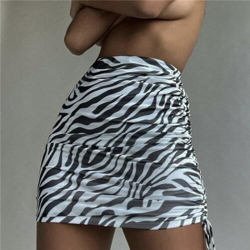 Hirigin Women Bodycon Mini Skirts 2021 Summer High Waist Sexy Fashion Zebra Print Side Drawstring Ruched Skirt Streetwear
