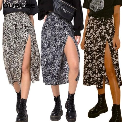 OUSLEE Spring/Summer Woman Summer Split Leopard Skirts Harajuku Chiffon Printing Split Skirts Streetwear Loose Sexy Skirts