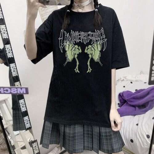 Ulzzang Harajuku Summer Butterfly Skeleton Streetwear Top Skulls Print Hip Hop Punk Vintage Goth Casual Loose Chic Women T-shirt