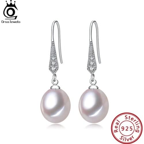 ORSA JEWELS 100% Real Freshwater Pearl Earrings Dangle Drop Sterling Silver Earrings 9mm Cultured Pearl Jewelry for Women GPE01