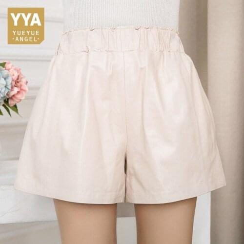 High Quality Women Elastic Waist Wide Leg Short Pants 8 Colors Casual Streetwear Shorts Slim Fit Sheepskin Real Leather Shorts