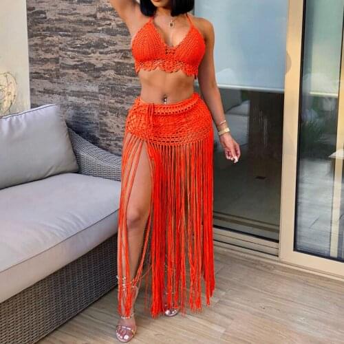 Two Piece 2021 Womens Summer Sexy Tube Top & Hollow Out Tassel Skirts Set Fashion Vacation Beachwear Suits