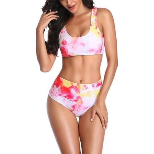 Women Tie Dye Split Print Swimwear Tie Dye Print Bandage Swimsuit High Waist Swimsuit Push Up Bikin