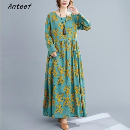 Long sleeve plus size cotton linen vintage floral for women casual loose autumn dress elegant clothes 2021 ladies dresses