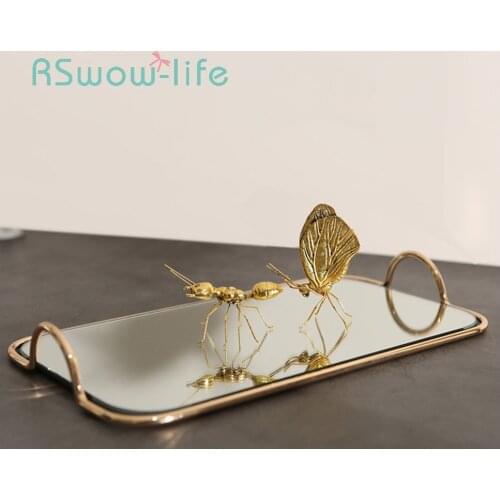 Golden Mirror Binaural Decorative Tray Simple Style Home Accessories Decoration Cosmetics Jewelry Storage Tray Serving Trays