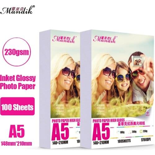 100 Sheets High Glossy Photo Paper 230gsm A5 Size 100% Pure Wood Pulp Dye Ink Inkjet Printer Paper