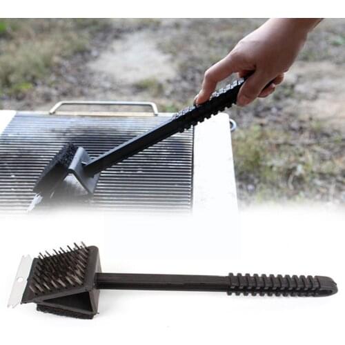 3 In 1 Corner Copper Wire Brush Barbecue Grill Oven Copper Shovel Sponge Cleaning Bbq Brush Wire Long Handle X9M7