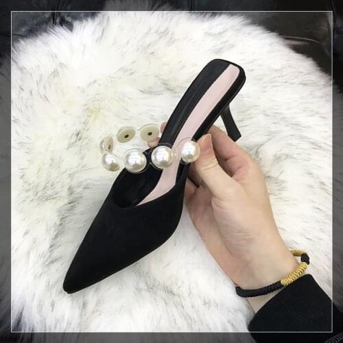 Big pearl slingback high heels sandals women transparent band beading sandalias pointy flock thin heel mules female slippers