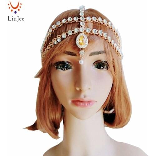 Crystal Stone Pearl Matha Patti Wedding Bridal Goddess Bohemian Boho Grecian Head Chain Hair Jewelry Head Piece Bollywood KD154