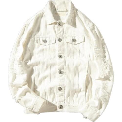 High Quality Denim Jacket Men Ripped Holes Mens Pink White Jean Jackets New 2019 Garment Washed Mens Denim Coat