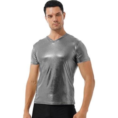 Men Fashion Shiny Metallic Casual T-Shirt Sportwear Short Sleeve Workout Fitness Lingerie Tops Nightclub Dance Show Costume