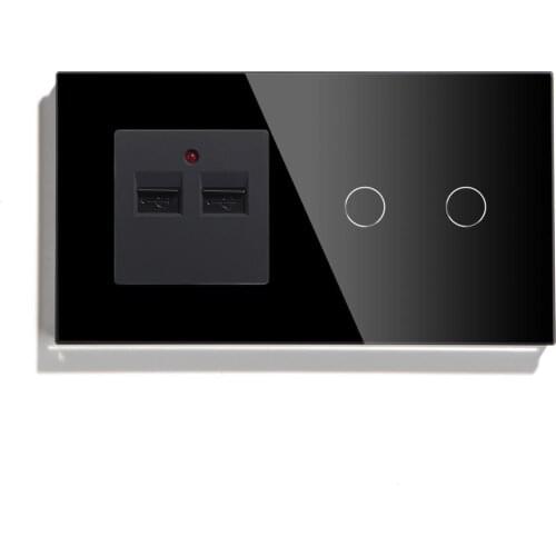 Bseed EU Wall Touch Switch 2 Gang 1 Way 2 Way With Two USB Socket Black White Golden Color With Crystal Panel Fashion Design
