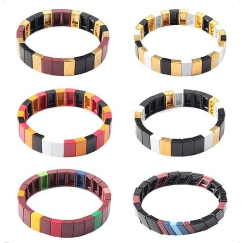 Partner Gifts Friendship Enamel Tile Bracelet Stackable Rainbow Bracelet Women Beads Jewelry Metal Wrist Bracelet Gift for Her