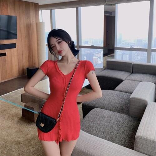 Casual Women Mini Dresses 2021 Sexy Solid Color V Neck Dress Knitted Slim Bag Hip Dress Female Summer Single Breasted