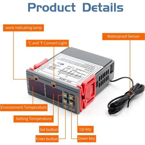 STC-3018 12V 24V 220V Digital Temperature Controller C/F Thermostat Relay 10A Heating/Cooling Thermoregulator Dual LED Display