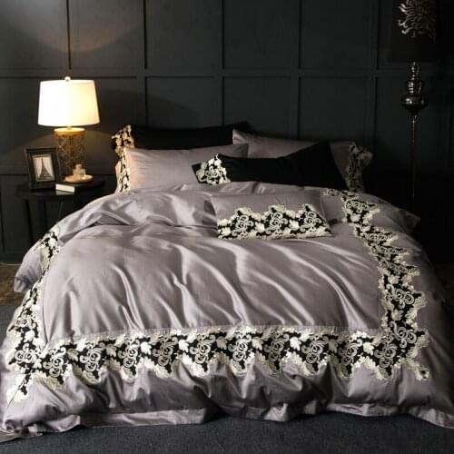 120S Egyptian Cotton grey purple Embroidery Luxury Bedding Set 4pcs King Queen Wedding Bed Sheet Cover set Duvet cov Pillowcase