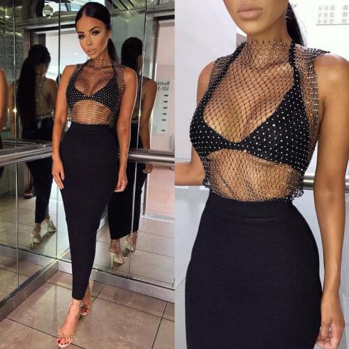 Sexy Women Sleeveless Mesh Rhinestone Club Party Crop Tops Blouses Hollow Weaving Shirts