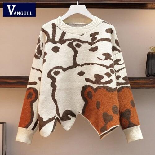 Vangull Cartoon Printing Knitted Women Sweater 2021 Autumn Long Sleeve O-neck Loose Female Pullover Irregular Hem Ladies Sweater