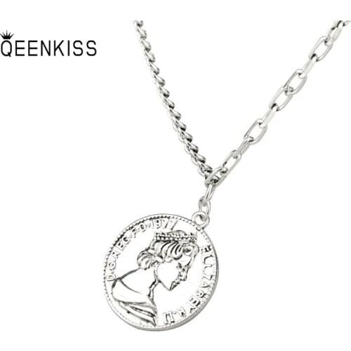 QUEENKISS NC658 Fion Jewelry Wholesale Fashion Lady Girl Birthday Wedding Retro Round Human Head 925 Silver Pendant Necklace