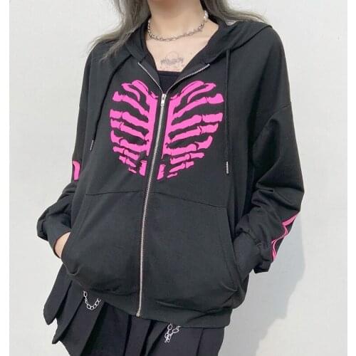 Gothic clothes Skulls Print Black Jacket Hoodies sweatshirts Womens Zippered Harajuku grunge Pullover Winter Sweatshirts