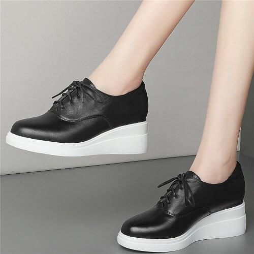 7cm High Heel Platform Creepers Women Lace Up Genuine Leather Wedges Ankle Boots Female Round Toe Fashion Sneakers Casual Shoes