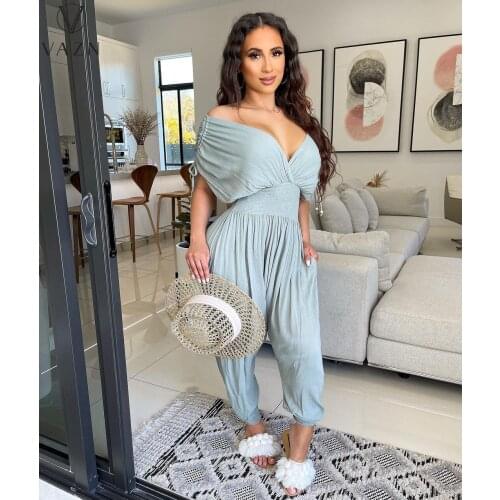 VAZN 2021 Top Quality High Street Young Sweet Overalls Free Solid Short Sleeve Chiffon High Waist Women Straight Jumpsuits