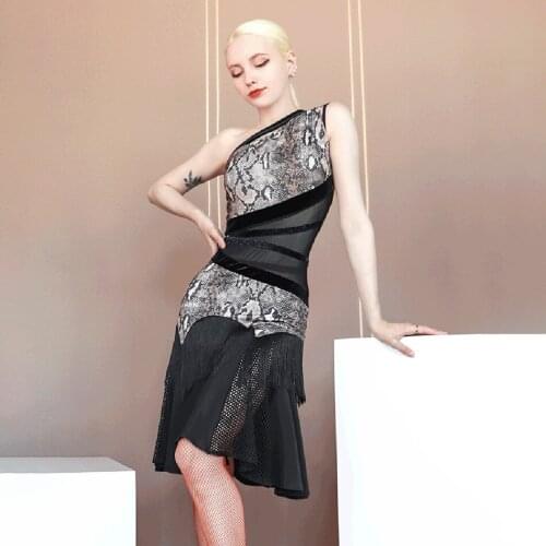 2021 New DL785 Tassel One Side Shoulder Leopard Latin Dance Dress Dancing Performance Women Dress Ballroom Samba Tango