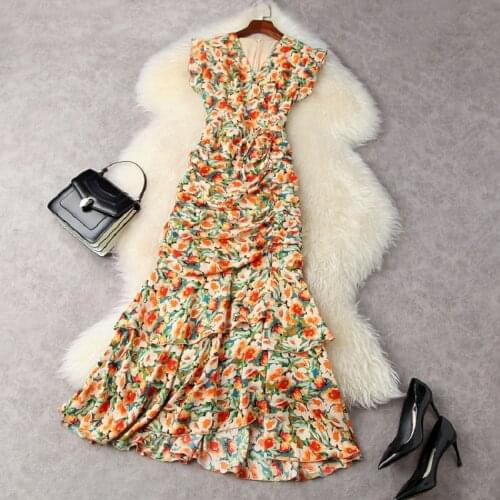 Bohemian Long Dress 2021 Summer Casual Beach Women Colorful Floral Print Split Sexy Ruffle Mermaid Dress Pleated Vestidos