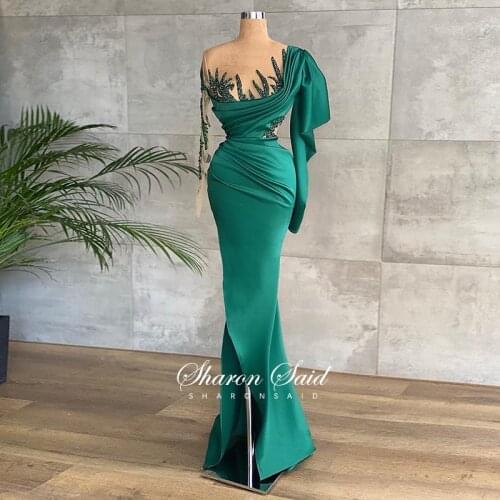 Dubai Mermaid Emerald Green Evening Dress Long Sleeve Illusion Beaded Side Slit Prom Dresses 2021 Sexy Women Wedding Party Gowns