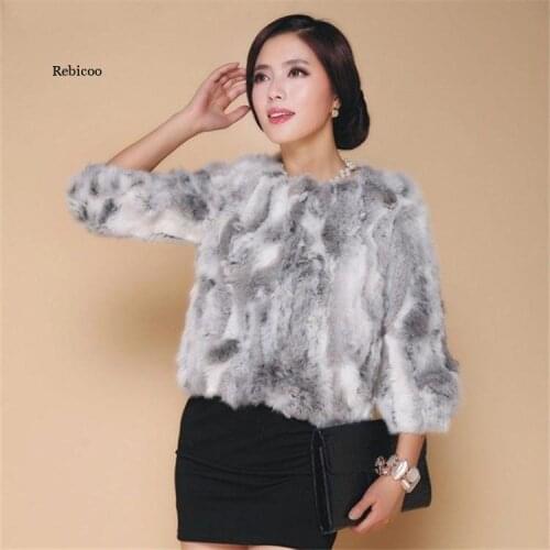 Womens Winter Fur Coat Rabbit Fur Three-Quarter-Sleeved Short Natural Patchwork Coat