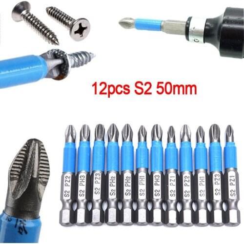 12pcs Anti Slip Electric Screwdriver Bits Hex Shank PH 50mm Single Side Drills