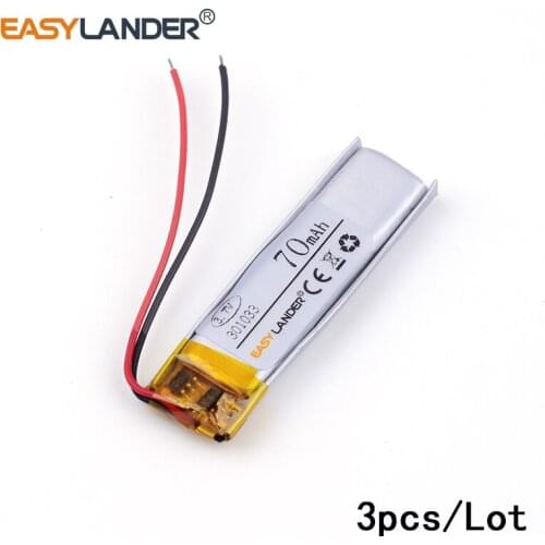 3pcs /Lot 3.7v lithium Li ion polymer rechargeable battery 301033 70mAh MP4 MP3 Bluetooth earphone small toy sound recording pen